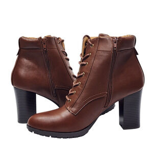 Style & Co Lucillee Ankle Boots 8 M Brown Faux Leather Pointed Toes Block Heels